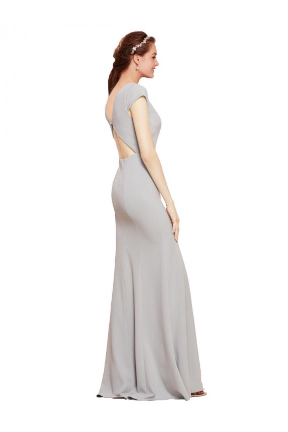 Sleeveless Boat Neck Stretch Crepe Dark Navy Long Formal Dress