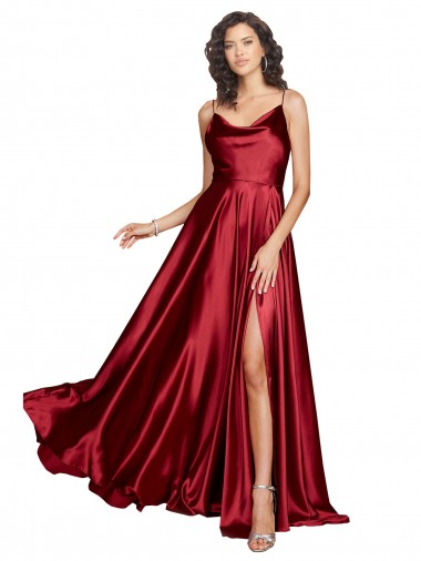 Affordable Sleeveless Cowl Neck Silky Satin Burgundy Long Black Tie Formal Gowns UK