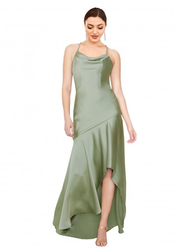 Affordable Sleeveless Cowl Neck Silky Satin Smoke Green Long High Low Formal Dress UK