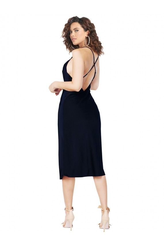 Sleeveless Cowl Neck Silky Satin Dark Navy Midi Length Formal Dress