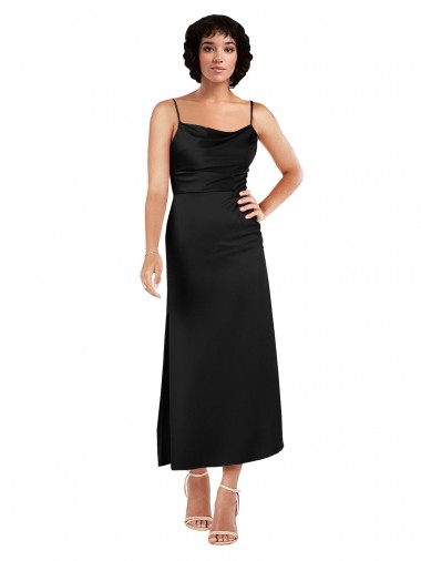 Affordable Sleeveless Cowl Neck Silky Satin Black Tea Length Formal Dress UK