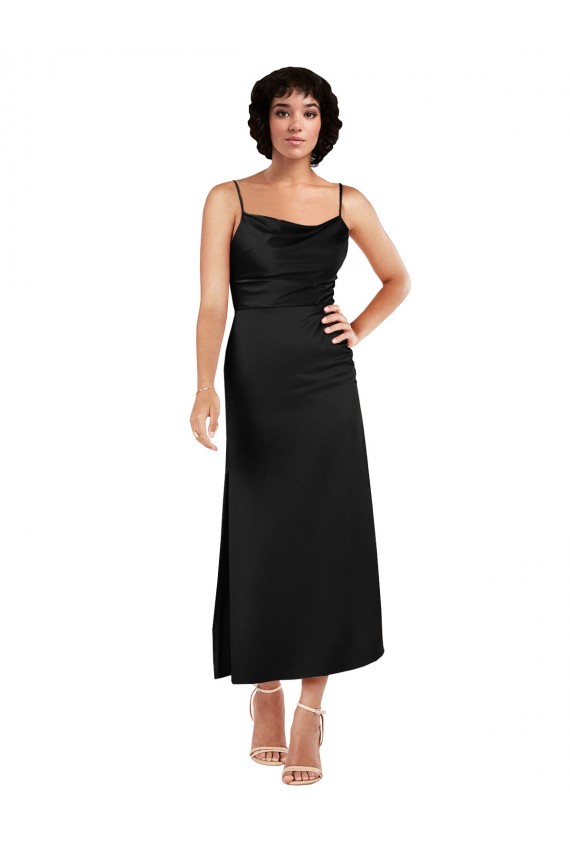 Sleeveless Cowl Neck Silky Satin Black Tea Length Formal Dress