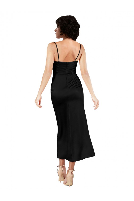 Sleeveless Cowl Neck Silky Satin Black Tea Length Formal Dress