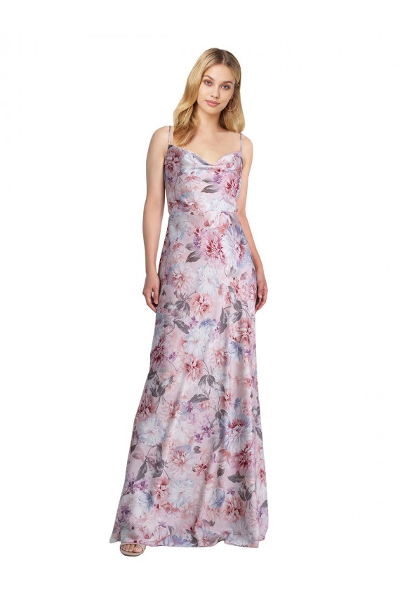 Sleeveless Cowl Neck Stretch Satin & Floral Long Formal Dress
