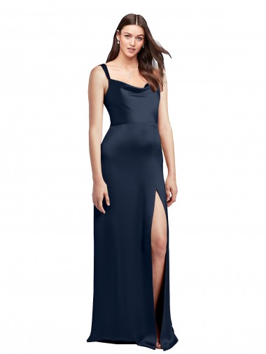 Affordable Sleeveless Cowl Neck Stretch Satin Dark Navy Long Formal Dress UK