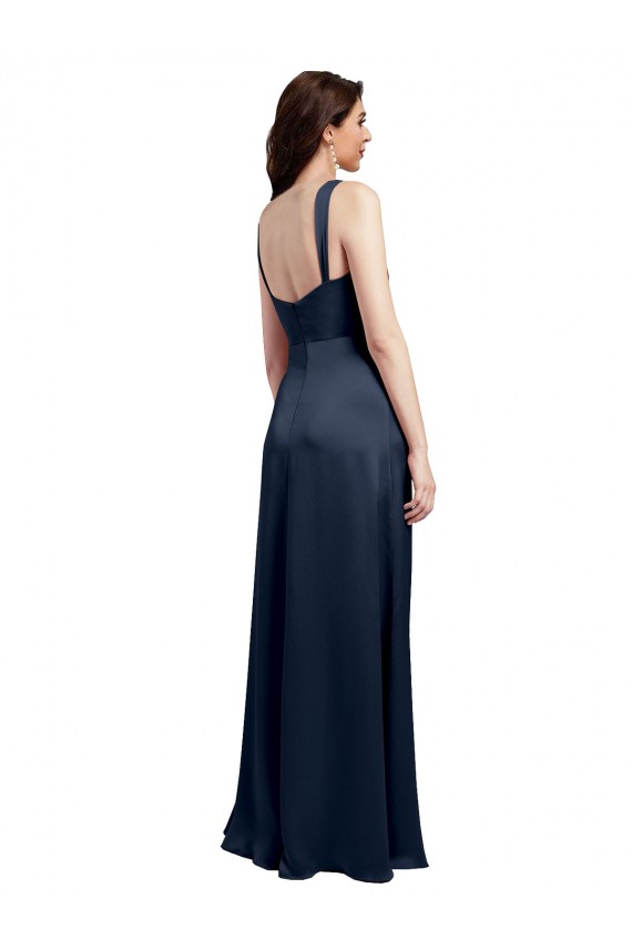 Sleeveless Cowl Neck Stretch Satin Dark Navy Long Formal Dress