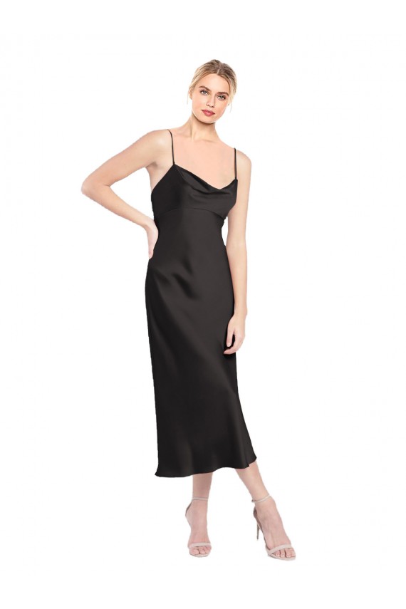 Sleeveless Cowl Neck Stretch Satin Black Midi Length Formal Dress