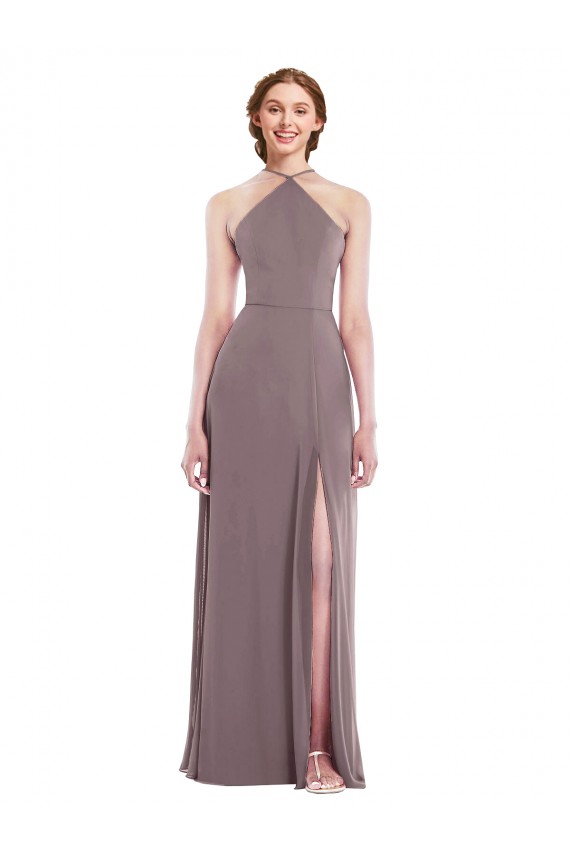 Sleeveless Halter Neck Chiffon Dusty Rose Long Formal Dress