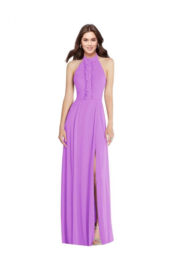 Sleeveless Halter Neck Chiffon Violet Long Formal Dress