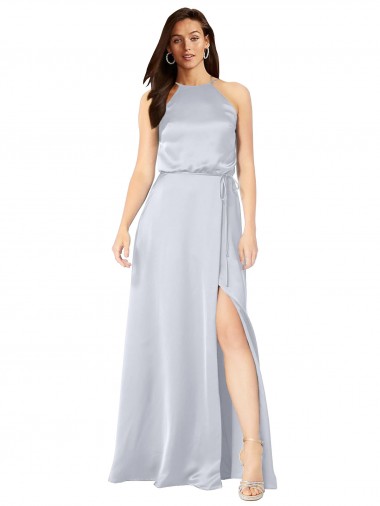 Affordable Sleeveless Halter Neck Silky Satin Fog Long Formal Dress UK