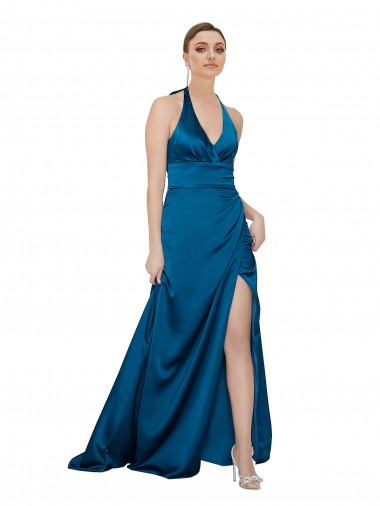 Affordable Sleeveless Halter Neck Silky Satin Peacock Blue Long Formal Dress UK
