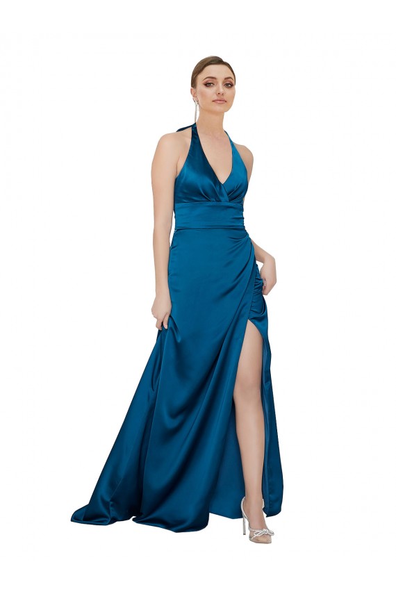 Sleeveless Halter Neck Silky Satin Peacock Blue Long Formal Dress