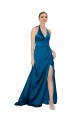 Sleeveless Halter Neck Silky Satin Peacock Blue Long Formal Dress