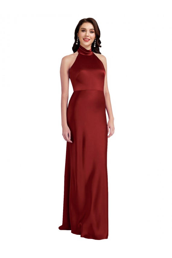 Sleeveless Halter Neck Stretch Satin Burgundy Long Black Tie Formal Dress