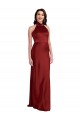 Sleeveless Halter Neck Stretch Satin Burgundy Long Black Tie Formal Dress