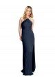 Sleeveless Halter Neck Stretch Satin Dark Navy Long Formal Dress