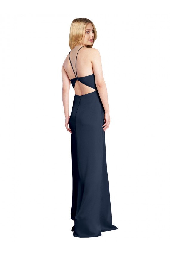 Sleeveless Halter Neck Stretch Satin Dark Navy Long Formal Dress