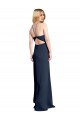 Sleeveless Halter Neck Stretch Satin Dark Navy Long Formal Dress