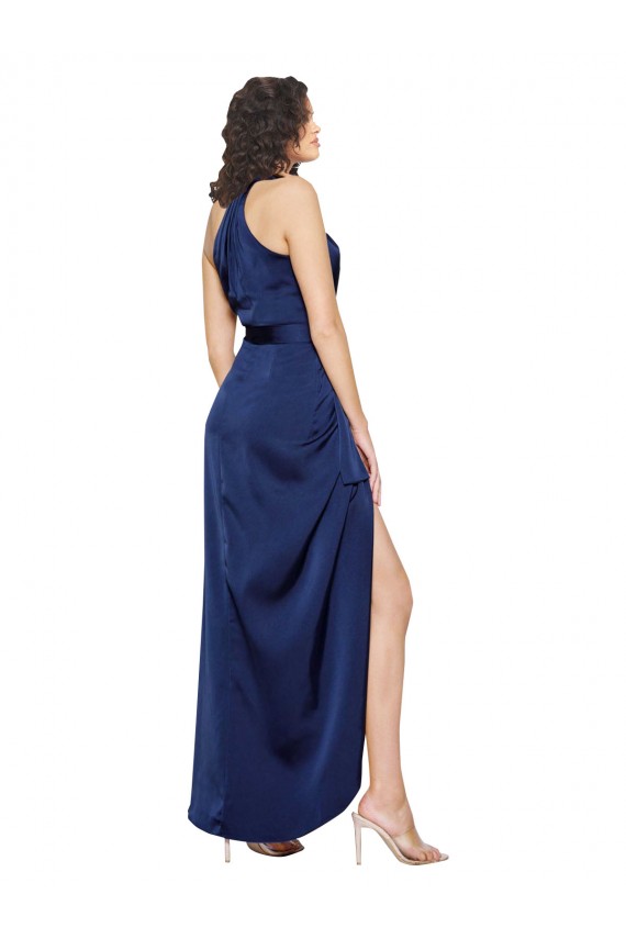 Sleeveless High Neck Silky Satin Sapphire Long High Low Formal Dress