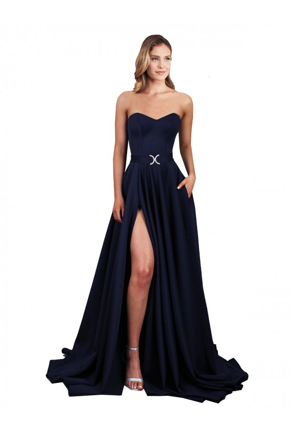Sleeveless High Neck Stretch Crepe Dark Navy Long Formal Gowns