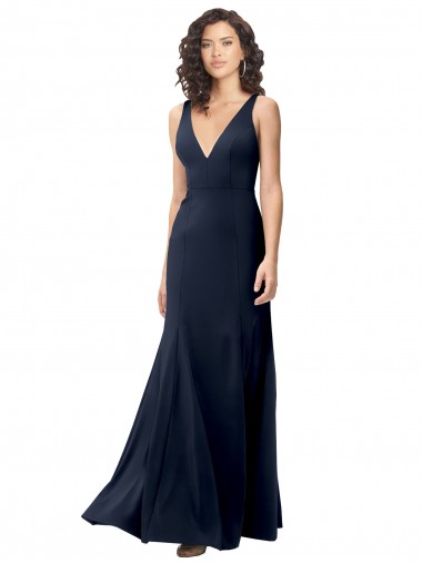 Affordable Sleeveless High Neck Stretch Crepe Dark Navy A-Line Long Formal Dress UK