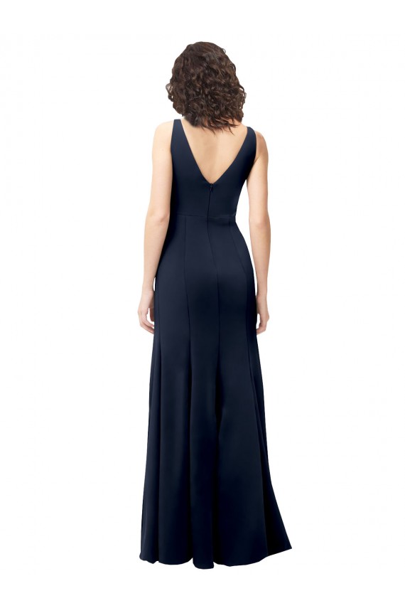 Sleeveless High Neck Stretch Crepe Dark Navy A-Line Long Formal Dress