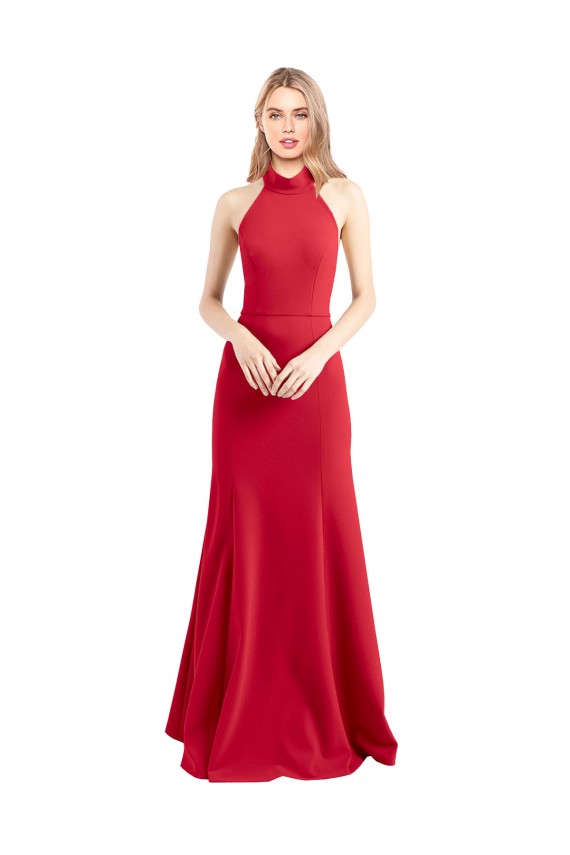 Sleeveless High Neck Stretch Crepe Red A-Line Long Formal Dress