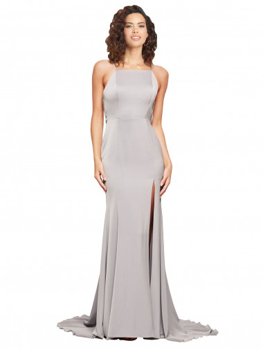 Affordable Sleeveless High Neck Stretch Satin Sweep Train Formal Dress UK