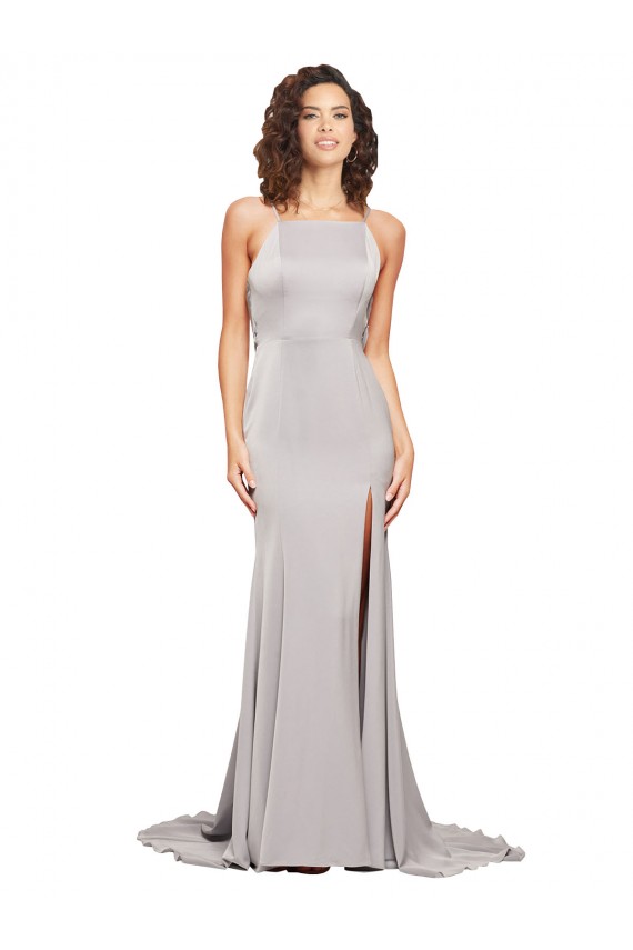 Sleeveless High Neck Stretch Satin Sweep Train Formal Dress