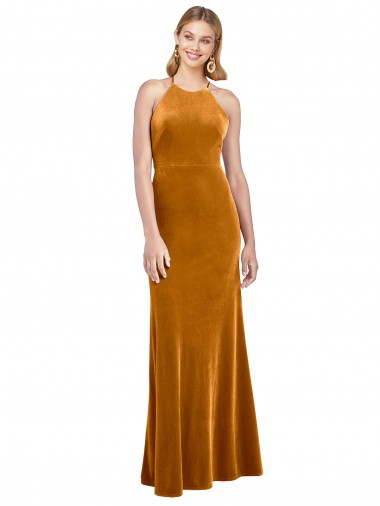 Affordable Sleeveless High Neck Stretch Velvet Gold Long Formal Dress UK