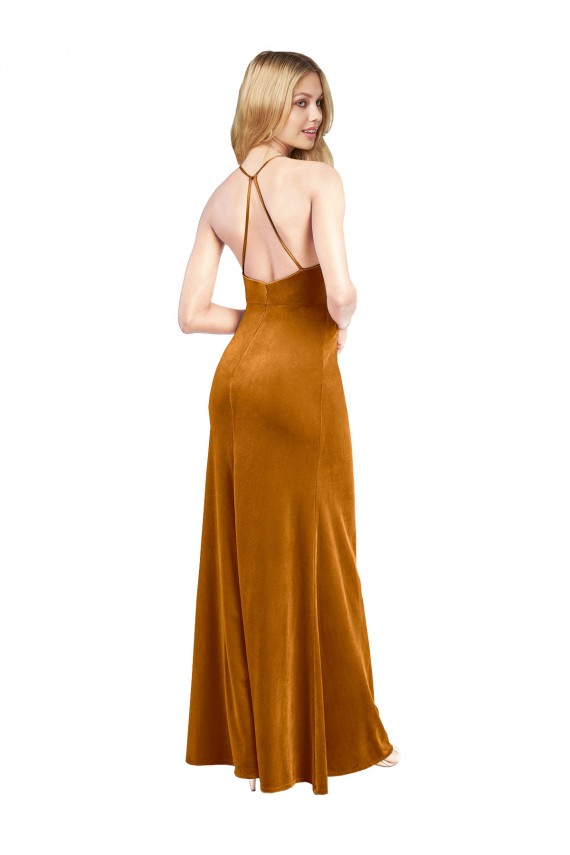 Sleeveless High Neck Stretch Velvet Gold Long Formal Dress