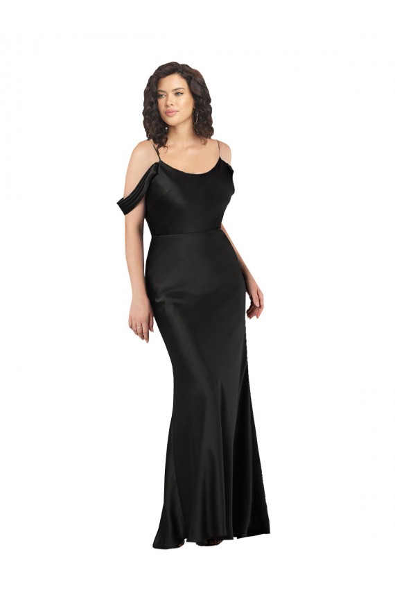 Sleeveless Off the Shoulder Silky Satin Black Long Formal Dress