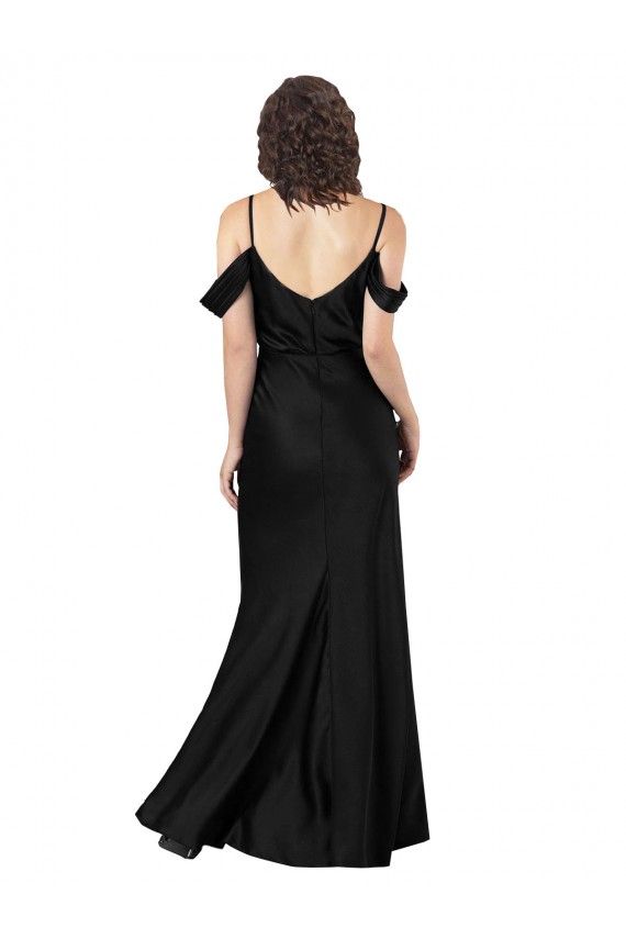 Sleeveless Off the Shoulder Silky Satin Black Long Formal Dress