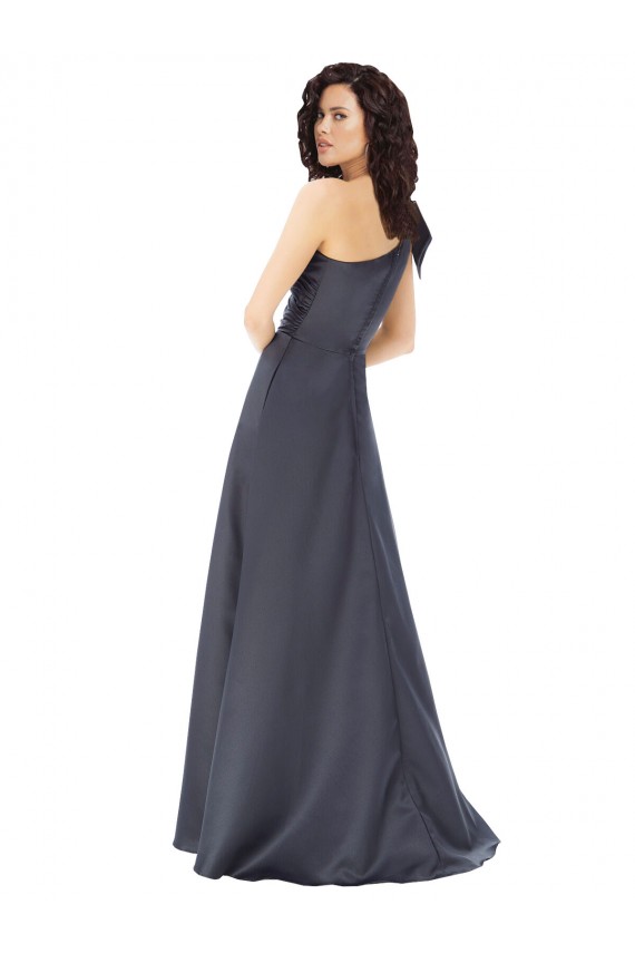 Sleeveless One Shoulder Satin Slate Grey Long Formal Dress