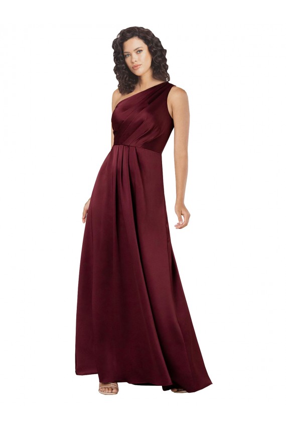 Sleeveless One Shoulder Silky Satin Burgundy Long Formal Dress