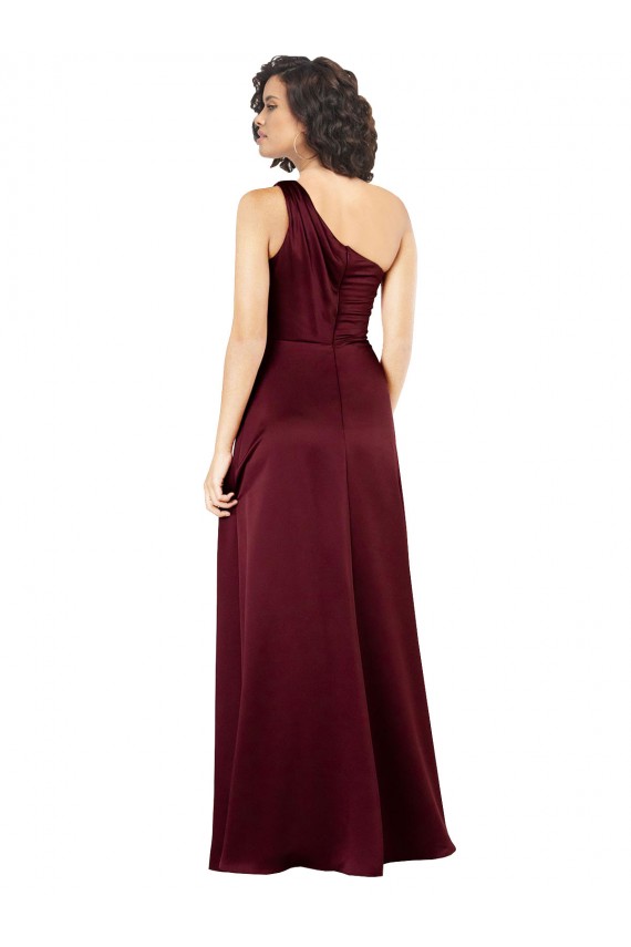 Sleeveless One Shoulder Silky Satin Burgundy Long Formal Dress