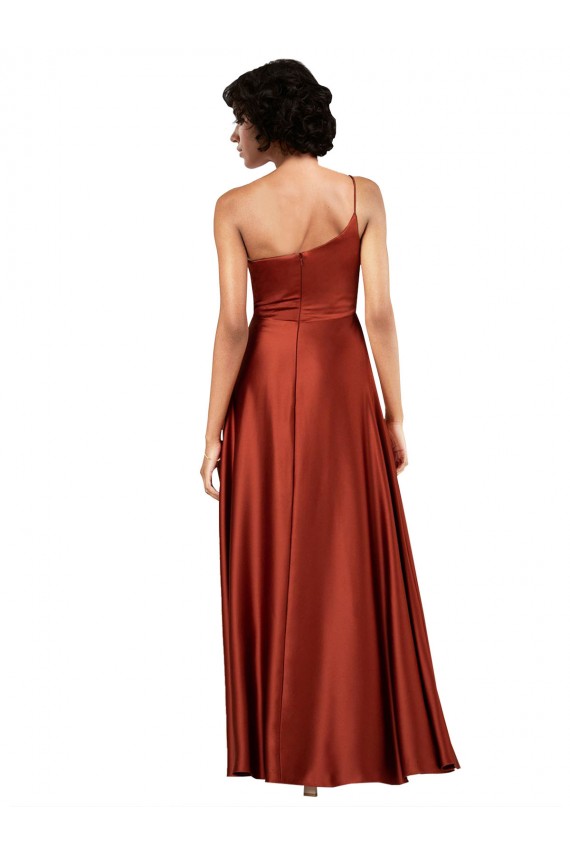 Sleeveless One Shoulder Silky Satin Burnt Orange Long Black Tie Formal Dress
