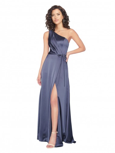 Affordable Sleeveless One Shoulder Silky Satin Dusk Long Formal Dress UK
