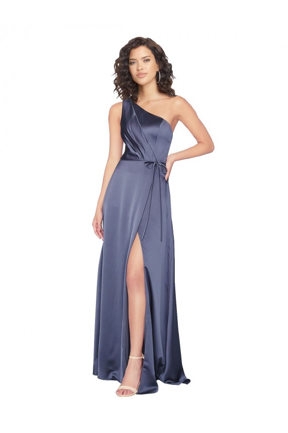 Sleeveless One Shoulder Silky Satin Dusk Long Formal Dress