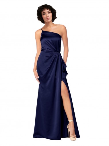 Affordable Sleeveless One Shoulder Silky Satin Sapphire Long Black Tie Formal Dress UK