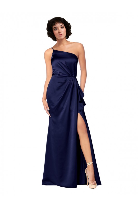 Sleeveless One Shoulder Silky Satin Sapphire Long Black Tie Formal Dress