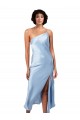 Sleeveless One Shoulder Silky Satin Light Sky Blue Midi Length Formal Dress