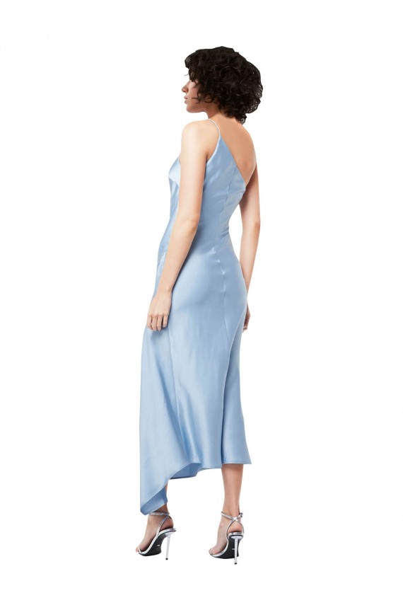 Sleeveless One Shoulder Silky Satin Light Sky Blue Midi Length Formal Dress