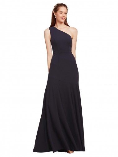 Affordable Sleeveless One Shoulder Stretch Crepe Dark Navy A-Line Long Formal Dress UK
