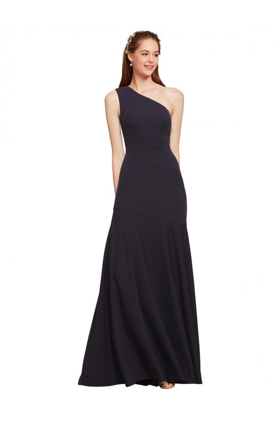 Sleeveless One Shoulder Stretch Crepe Dark Navy A-Line Long Formal Dress