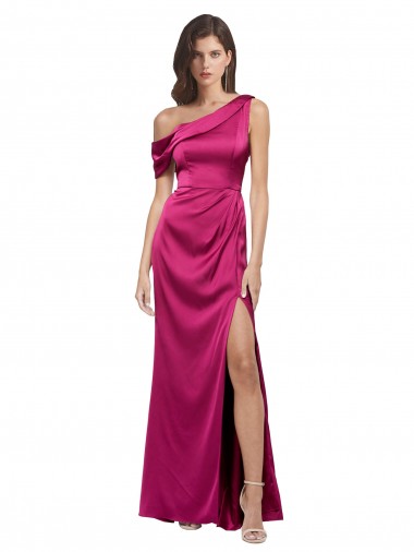 Affordable Sleeveless One Shoulder Stretch Satin Fuchsia Long Formal Gowns UK