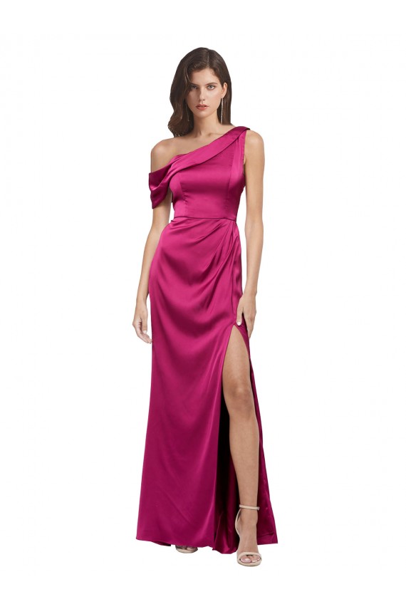 Sleeveless One Shoulder Stretch Satin Fuchsia Long Formal Gowns