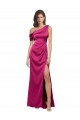 Sleeveless One Shoulder Stretch Satin Fuchsia Long Formal Gowns