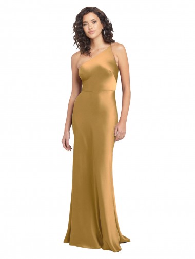 Affordable Sleeveless One Shoulder Stretch Satin Gold Long Formal Dress UK
