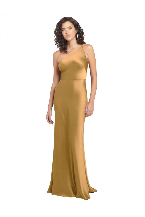 Sleeveless One Shoulder Stretch Satin Gold Long Formal Dress
